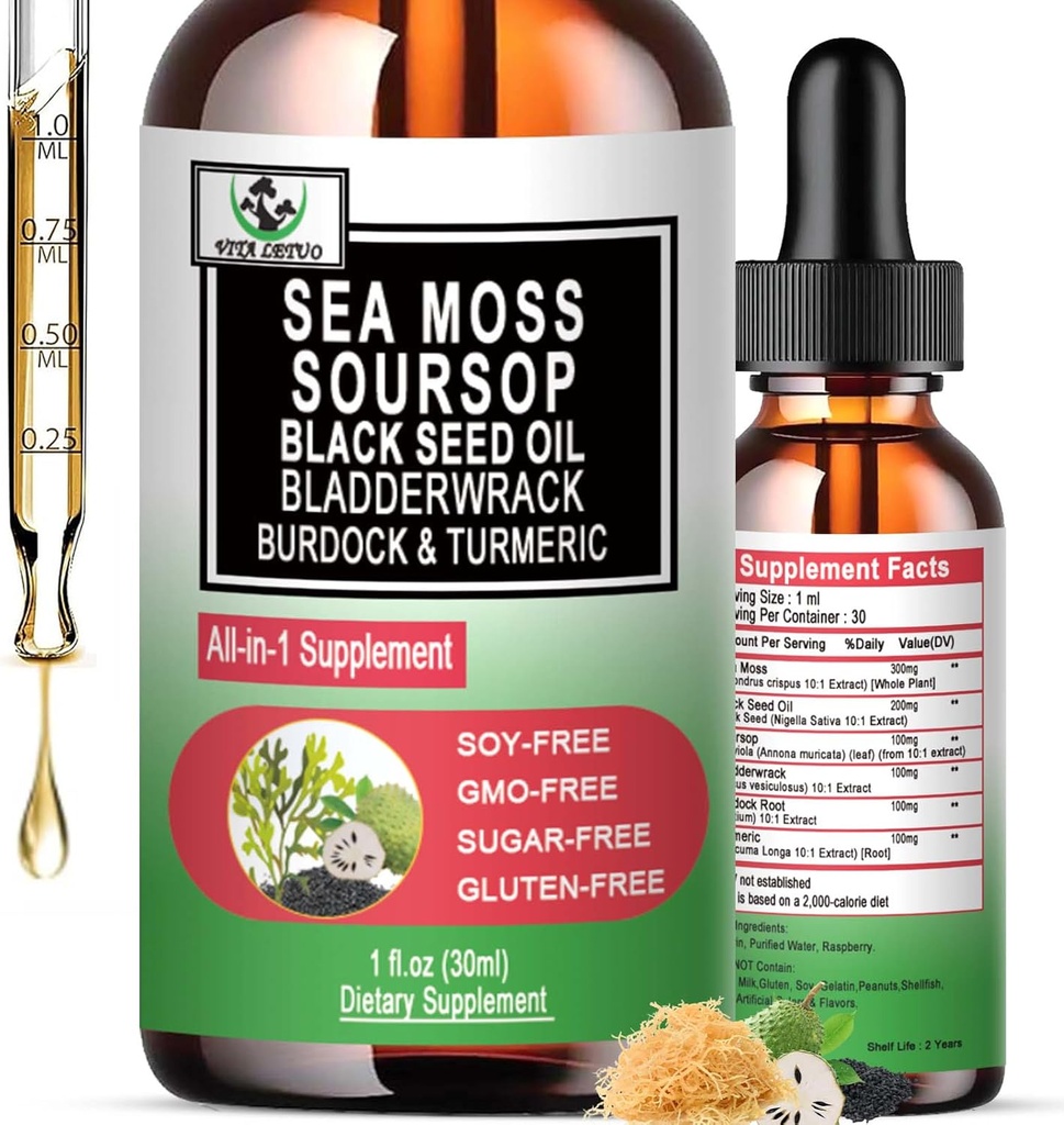 Sea Moss Black Seed Oil Soursop Liquid Drops with Bladderwrack Burdock Root Turmeric - Πολυμερείς & Βιταμίνες Superfood Drops Βιολογικές Μη-GMO για Ανοσοποιητικό & Πειθαρχικό & Κυτταρικό Στήριξη Δέρμα Μαλλιά