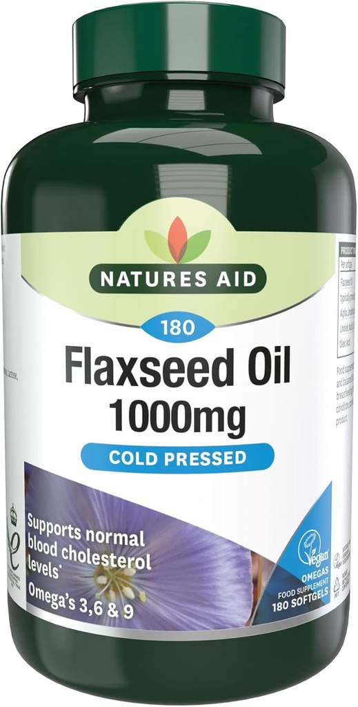 Natures Aid Flaxseed Oil 1000mg Ψυχρό Πιέζεται (Omega 3, 6 + 9) 180 καπάκια. Κατάλληλο για χορτοφάγους.