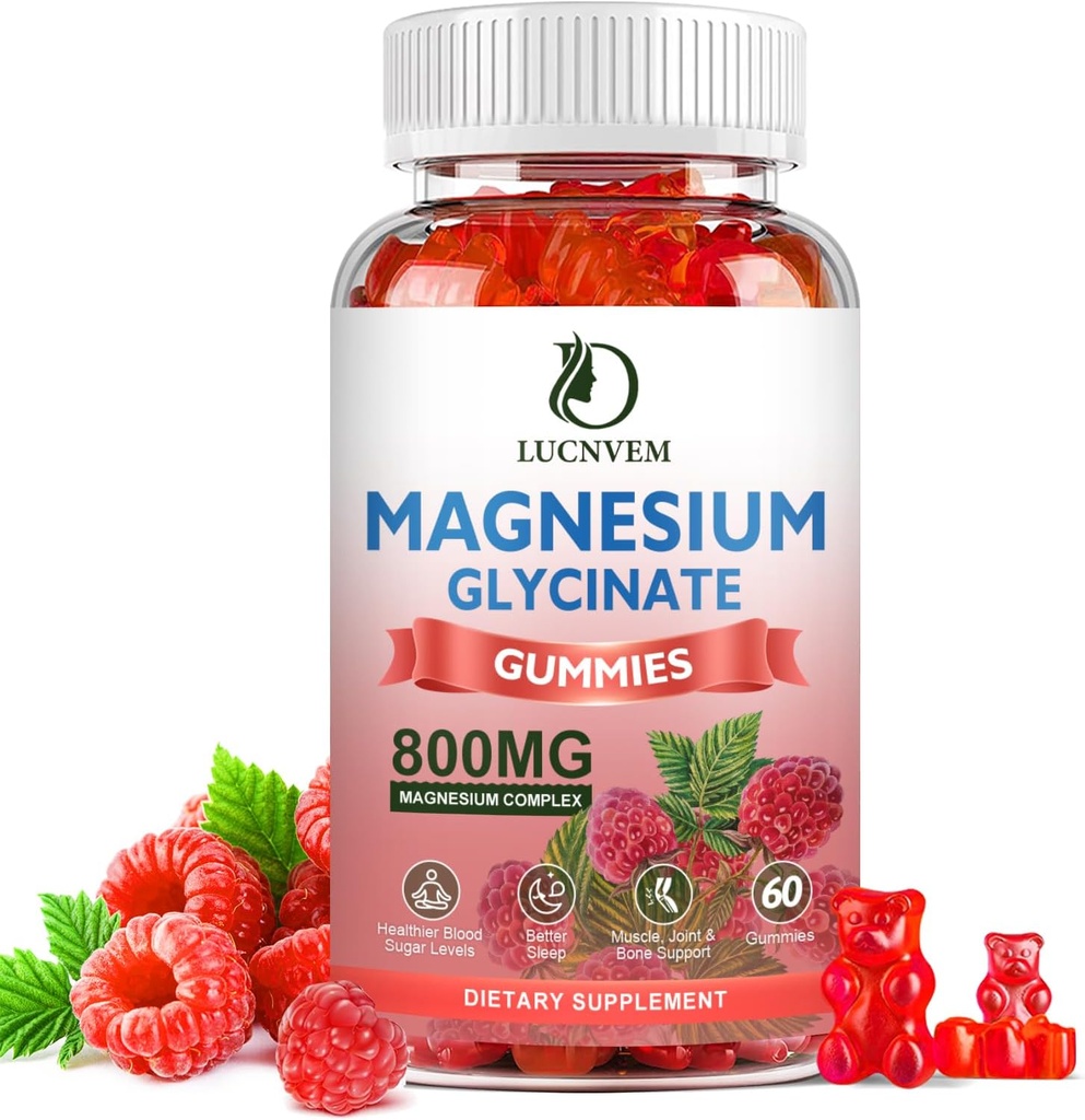Γλυκινικό μαγνήσιο χωρίς ζάχαρη Glycinate Gummies, 500mg γλυκινικό μαγνήσιο με 200mg μη μαγνησίου, Taurate, Oxide, COQ10, Βιταμίνη Β6 και D3, Υποστήριξη ύπνου & ηρεμίας, 60 Gummies σμέουρων