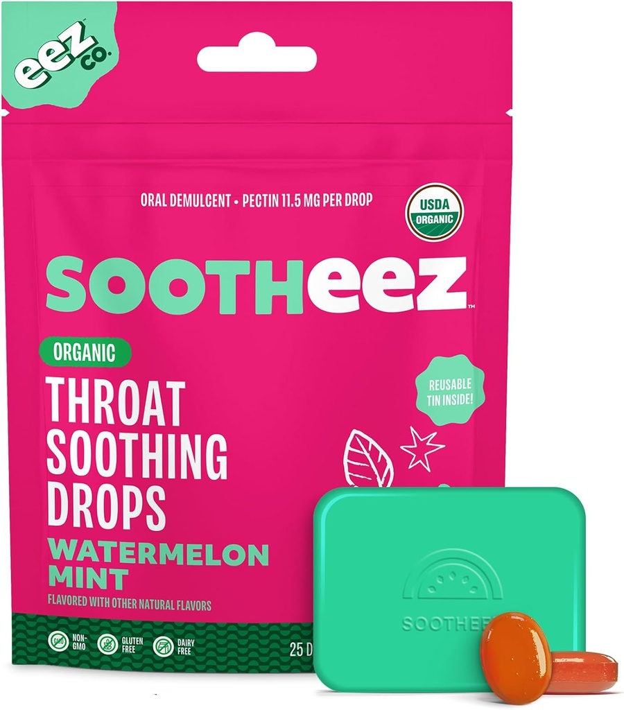 Southeez Organic Lroat Καταπραϋντικές σταγόνες για ενήλικες, μέντας καρπουζιού, 25 κόμης, επαναγεμιζόμενος, μεγάλες σταγόνες γεύσης που πονούν λαρύγγια