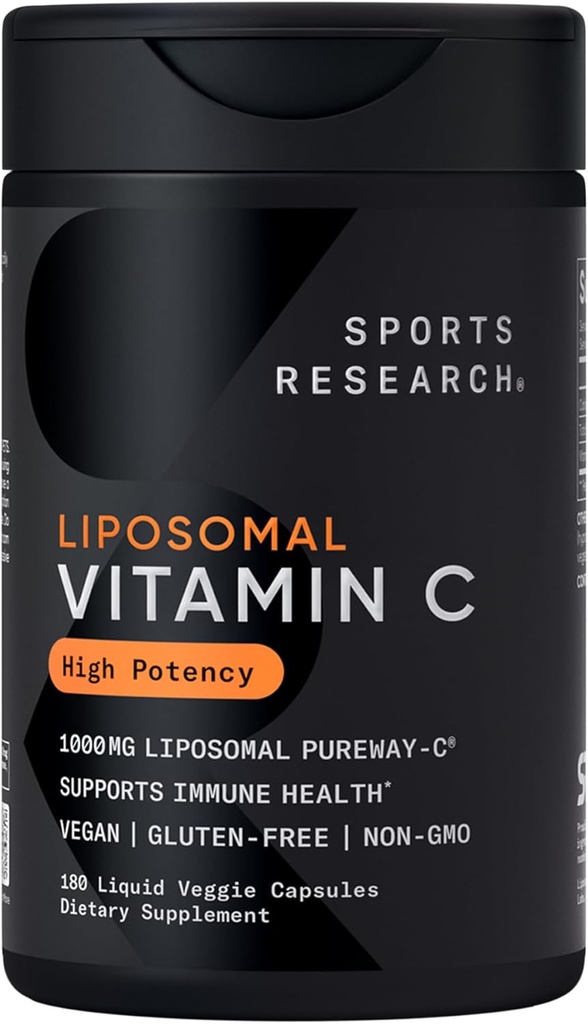 Sports Research® High Potency Liposomal Vitamin C Supplement 1000 mg – Certified Vegan, Non-GMO, Gluten Free 