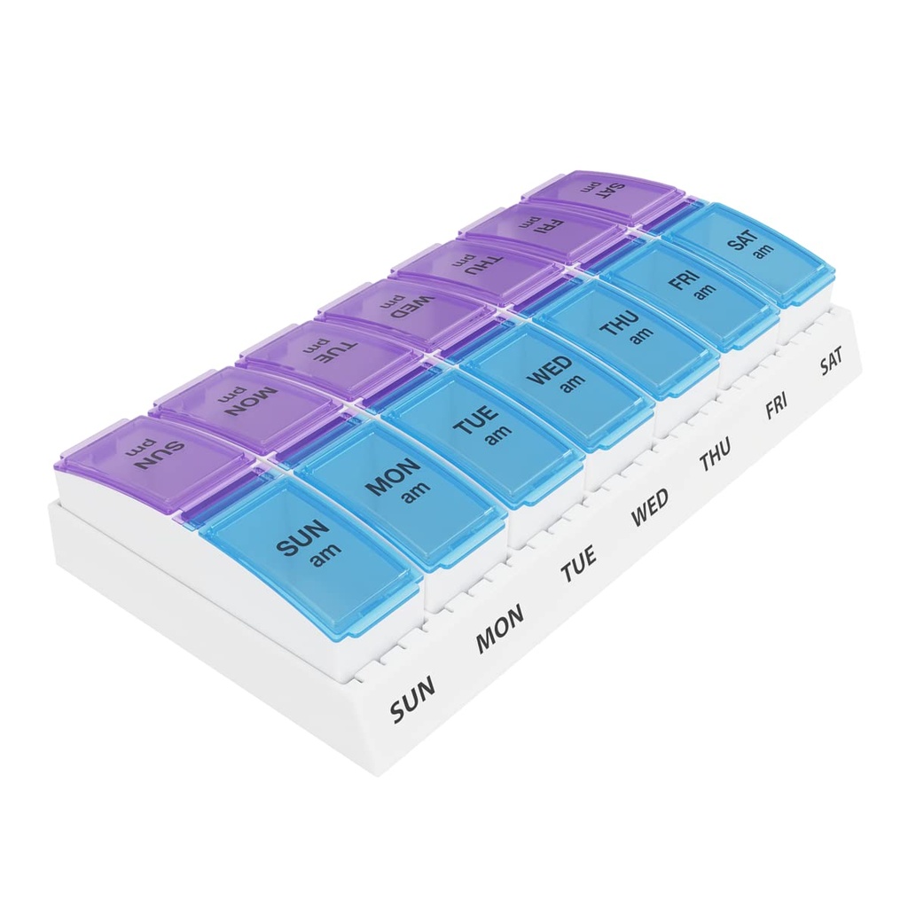 EZY DOSE Weekly AM/PM Pill Organizer, 7-Day Vitamin Container and Daily Medication Box with Large Pop-Out Compartments, 2 Times a Day Pill Holder, Blue and Purple Lids, Travel-Friendly Design