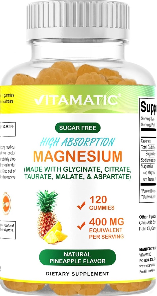 Vitamatic Sugar Free Magnesium Gummies - (Κατασκευασμένο με GLYCINATE, Citrate, TAURATE, Malate, & Aspartate) - 400 mg ανά υπηρεσία - 120 Gummies - Προάγει την υγιή χαλάρωση, τους μυς, τα οστά, & την ενεργειακή υποστήριξη