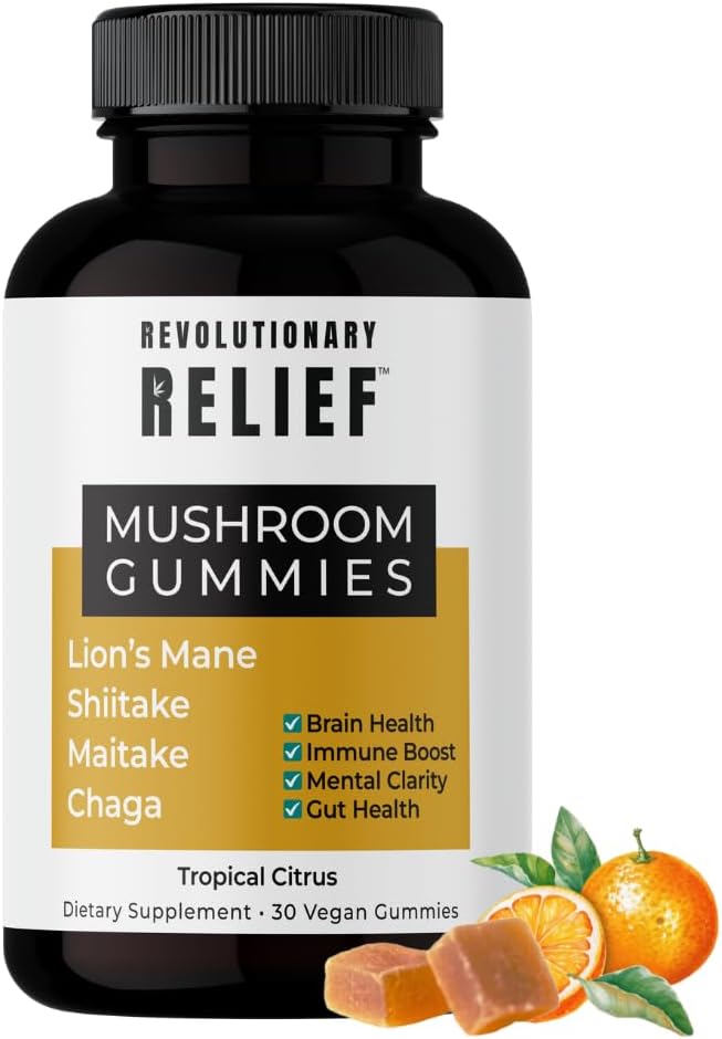 Adaptogenic 4-1 Mushroom Extract Gummies for Focus, Clarity & Immune Support・ with Lion’s Mane, Shiitake, Chaga & Maitake・Vegan・Keto-Friendly・Tropical Citrus Flavor
