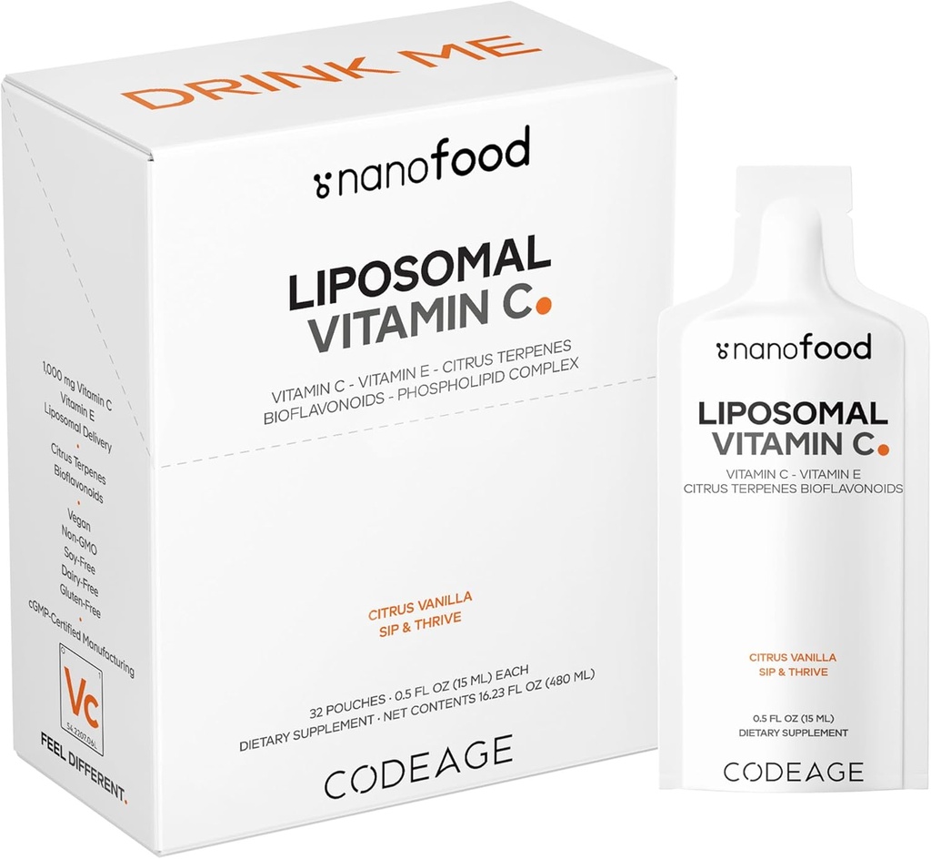 Codeage Liposomal Vitamin C Liquid 1000mg Vitamin C, 4000mg Essential Phospholipids, Συμπλήρωμα για την καθημερινή ανοσοποιητική υποστήριξη, Liposomes Για την απορρόφηση, Citrus Bioflavonoids, Vitamin E, Non-GMO, 32 Pouches