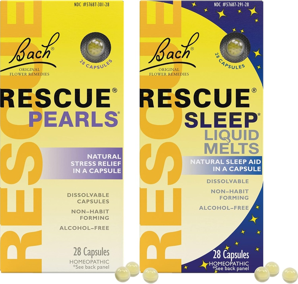 Stress & Sleep Bundle, Bach RESCUE Pearls, Φυσικό Stress Relief [και] RESCUE Sleep Liquid Melts, Natural Sleep Aid - 2-Pk, Ομοιοπαθητικό Απόσταγμα Λουλούδι