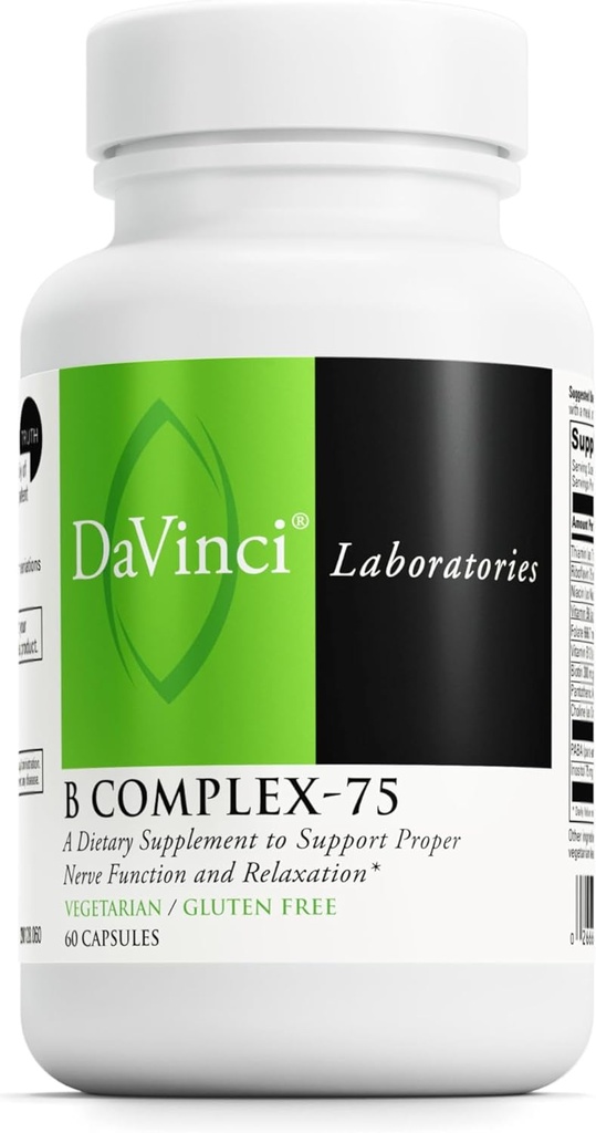 DAVINCI Labs B Complex-75 - Υποστηρίζει χαλάρωση και σωστή νευρική λειτουργία * - Συμπλήρωμα διατροφής με νιασίνη, βιταμίνη Β6, Β12, βιοτίνη, χολίνη και περισσότερα - χορτοφαγικά - Χωρίς γλουτένη - 60 κάψουλες