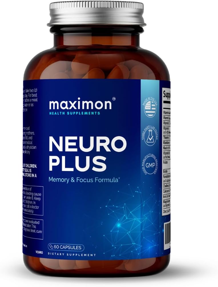 Neuro Plus Premium Nootropics, Γνωστική Ενίσχυση, Βιταμίνες για Μνήμη & Εστίαση, Διανοητική Καθαρότητα με εκχύλισμα Bacopa, GABA, Huperzine A και DHA, 60 κάψουλες