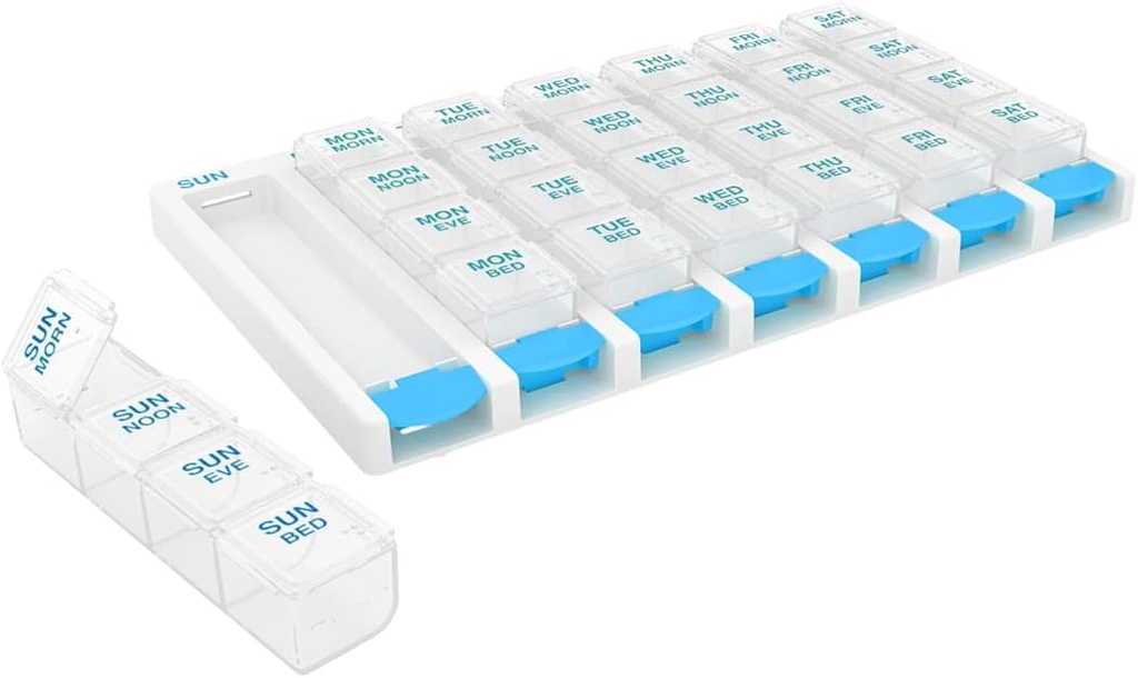 EZY DOSE Weekly (7 Day) 4 Times a Day Push Button Pill Organizer and Vitamin Planner, Removable Daily Pillboxes, Blue, Clear Lids, Large, BPA Free