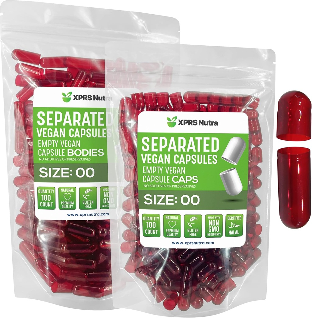 XPRS Nutra Vegan Μέγεθος 00 Χωριστές κάψουλες - 100 Count Premium Άδειες κάψουλες χωρίζονται σε τσάντες - 00 Χάπια Κενά για συμπλήρωση συμπληρώματος DIY (Καθαρό κόκκινο)
