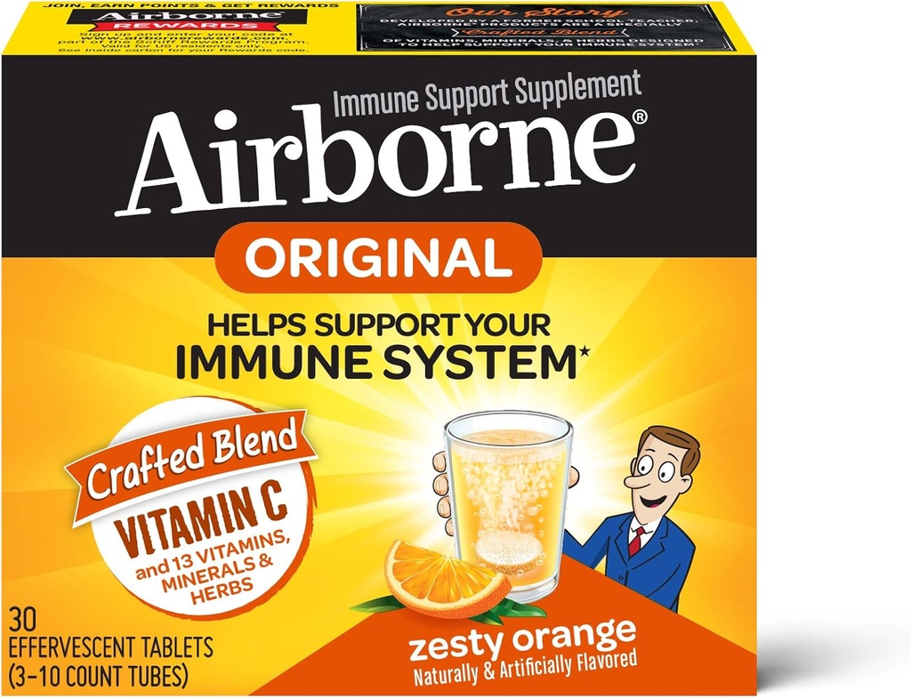 Airborne Zesty Orange Effervescent Tablets,1000mg of Vitamin C - Immune Support Supplement 30ea