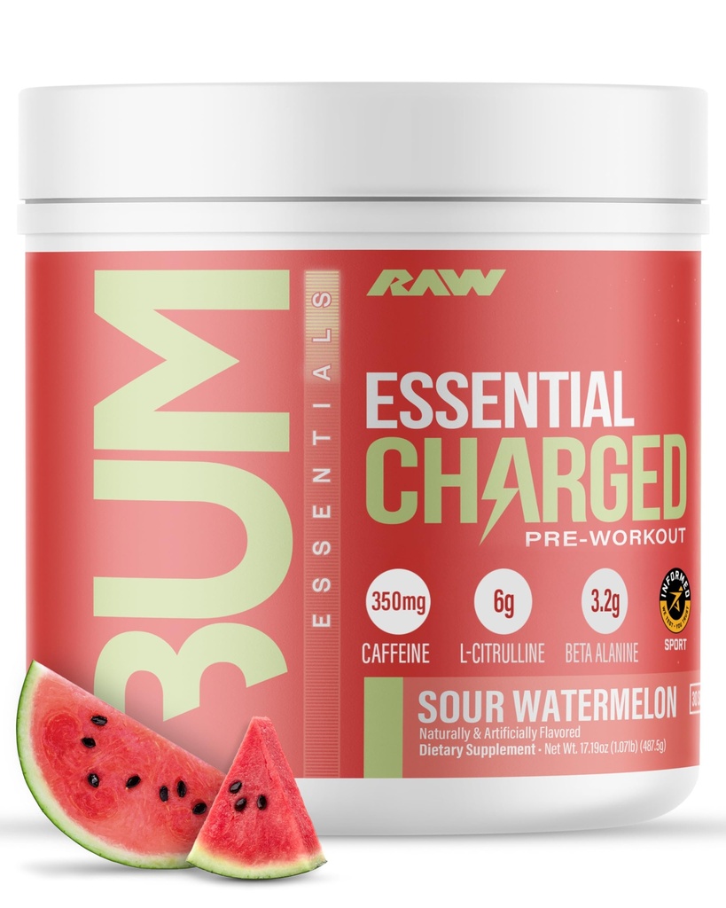 RAW Σκόνη Προ-Εκπόνησης, Essential CHARGED (Sour Cartermelon) - Συμπλήρωμα Προεργασίας για άνδρες & γυναίκες - Υποστηρίζει Εστίαση, Mood & Performance - Καφεΐνη, Alpha-GPC, L-Citrulline, Beta Alanine (25 εξυπηρετεί)