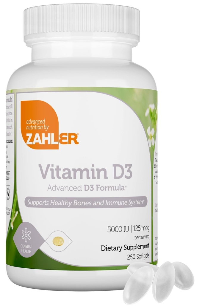 Zahler - Προηγμένη Βιταμίνη D3 5000 IU Softgels (250 Count) Kosher Vegetarian Φιλική Βιταμίνη D για Ανοσολογική Υποστήριξη, Οστά, Δόντια & Μυική Υγεία - Καθημερινή D3 Συμπλήρωμα Βιταμίνης για Ενήλικες - Easy Swallow V