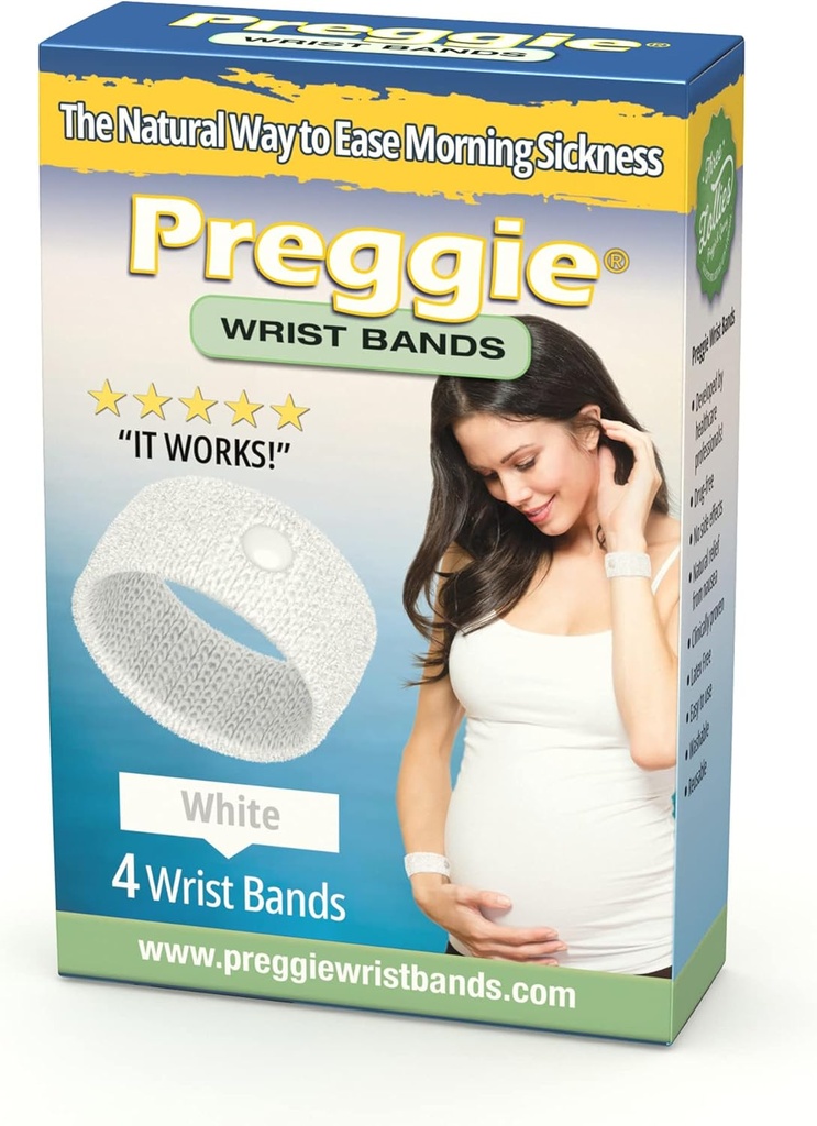 Preggie Anti-Nausea Wristbands – Πρωινή Αρωγή Ασθένειας – Κλινικά Ελεγχόμενη Ναυτία Relief Aid - Εγκυμοσύνη Nausea Relief – Acupressure Wristband - Side Effect Free - 2 Ζεύγη, Σετ 4 Μπάντες - Λευκό