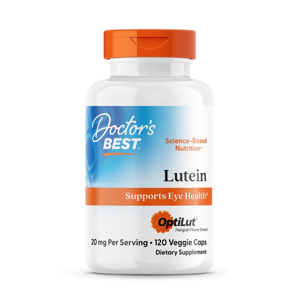 Doctor's Best Lutein Supplement 20mg with Trans Zeaxanthin - Lutein for Eyes, Eye Health Vitamins for Men & Women, Vision and Macular Health Support Capsules, OptiLut Marigold Flower - 120 Veg Caps