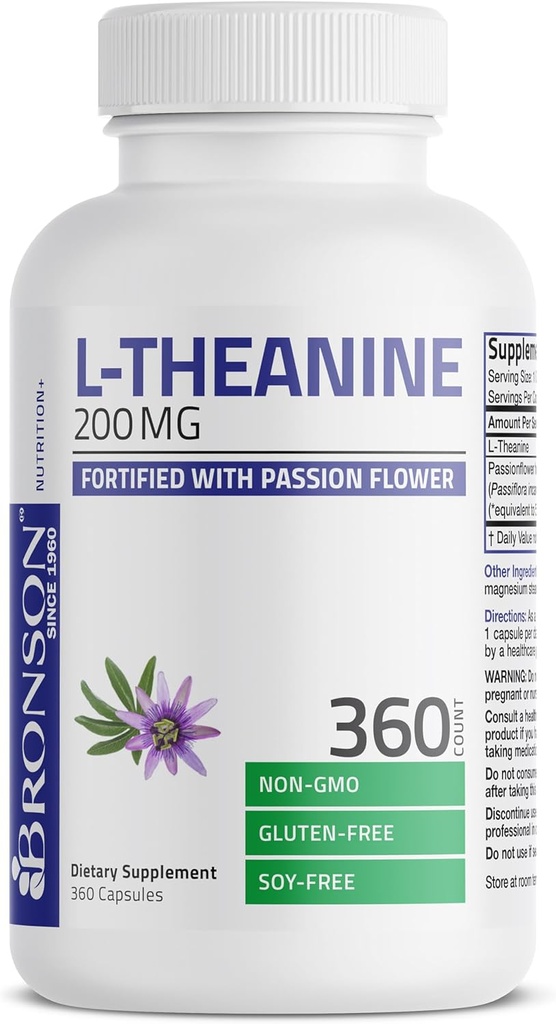 Bronson L-Theanine 200mg (διπλής έντασης) με βότανα λουλουδιών πάθους, χωρίς γλουτένη GMO χωρίς σόγια συμπλήρωμα διαχείρισης στρες, 360 κάψουλες