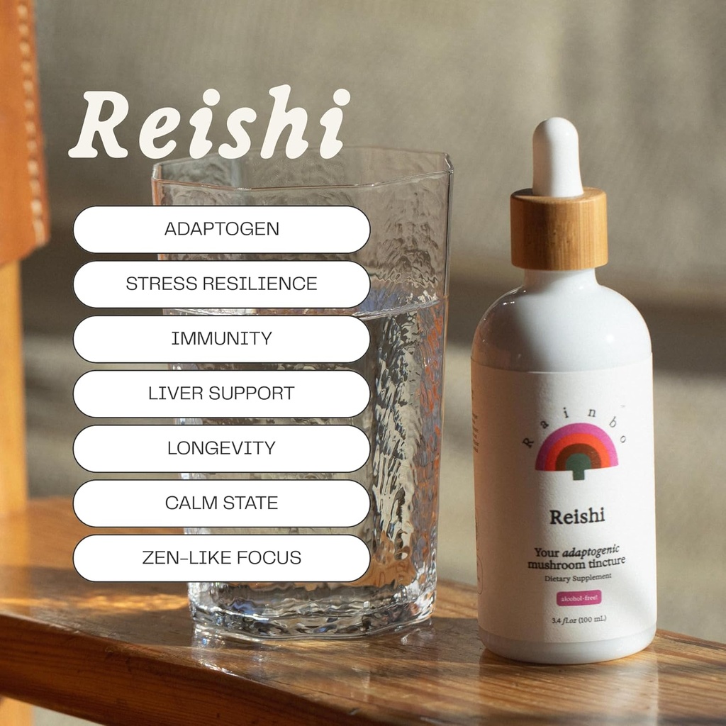 Rainbo - Reishi Mushroom Βάμμα - Αλκοόλ Δωρεάν - Διπλό εκχύλισμα συμπλήρωμα μανιταριών - Ανοσολογική υποστήριξη, Mood, Ύπνος, Υγρό συμπλήρωμα Reishi, Vegan, Μη ΓΤΟ, 3.4 fl oz