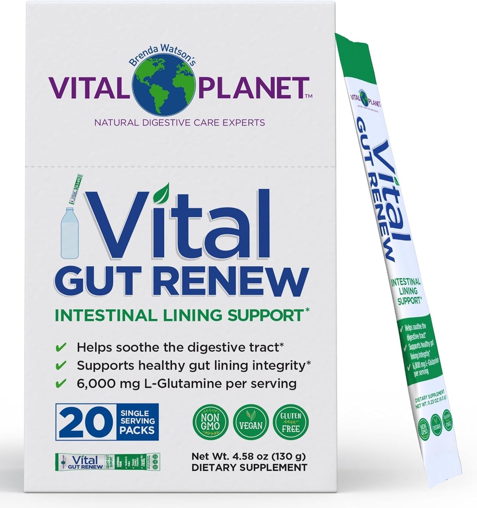 Vital Planet - Vital Gut Renew Powder Supplement for Leaky Gut Repair with L-Glutamine, Marshmallow and Ginger Root, DGL Licorice Root and Organic Aloe Vera, L Glutamine 6000mg, 20 Single Serv Packs