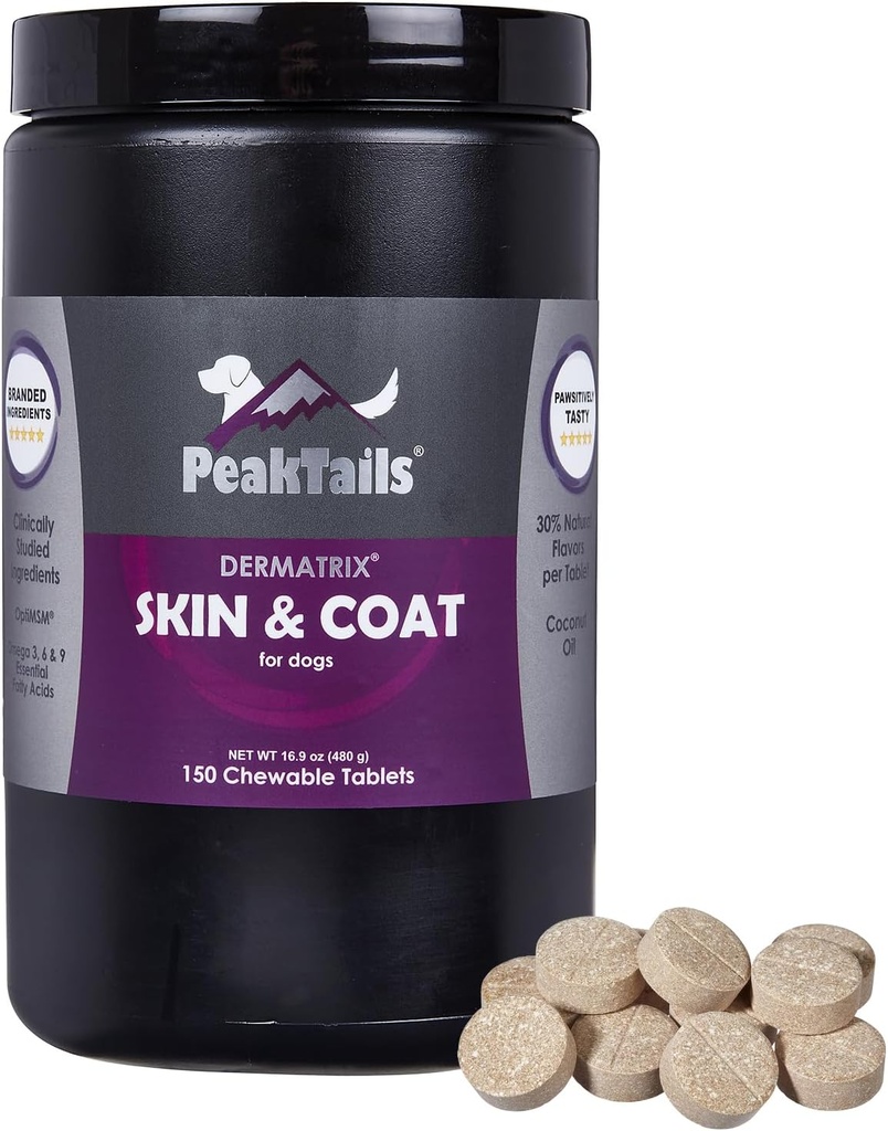 Kala Health PeakTails Skin & Coat Support for Dogs – 150 Μασώμενα δισκία με MSM, ιχθυέλαιο, Omega-3 & Omega-6 – Υποστηρίζει υγιές δέρμα, γυαλιστερό παλτό
