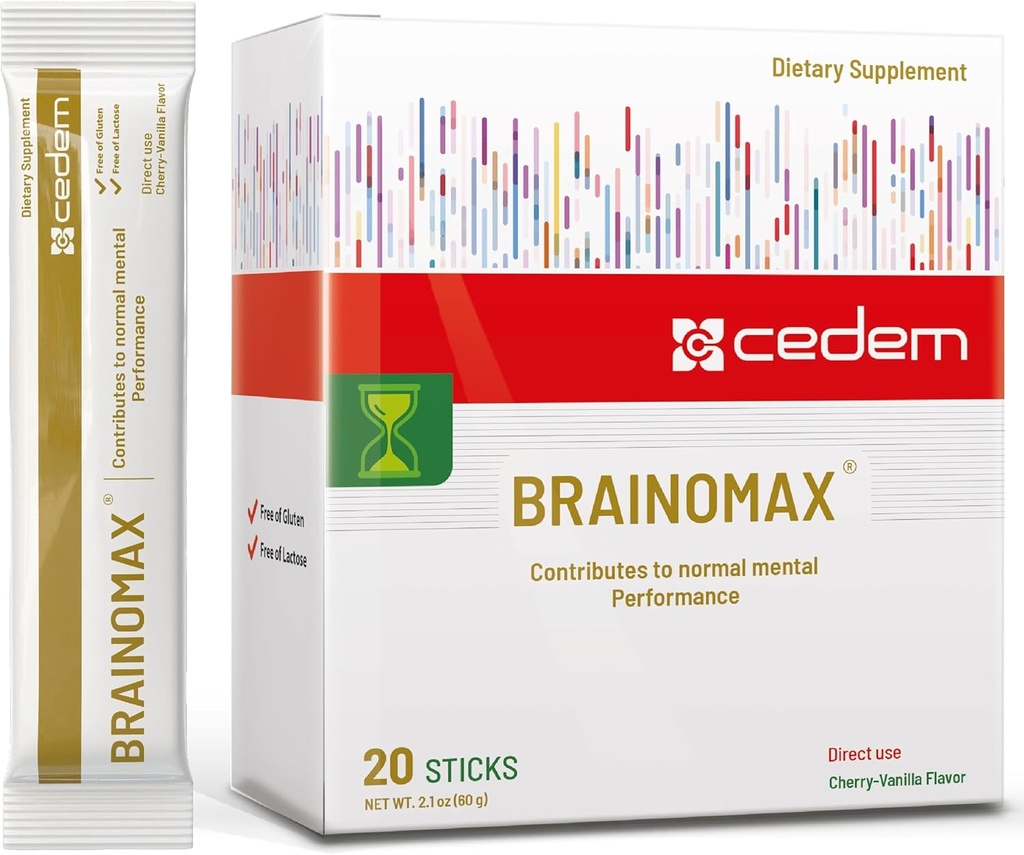 Ελβετία BRAINOMAX 20 Sticks σκόνη, συμπλήρωμα Booster εγκεφάλου, Cherry-Vanilla Γεύση με Citicoline, N-Acetyl-L-Καρνιτίνη, Nootropic Συμπληρώματα εγκεφάλου για τη μνήμη και εστίαση, Γνωστική υποστήριξη