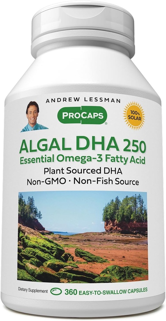 ANDREW LESSMAN Algal DHA 250mg 360 Softgels - Φυτικά Ωμέγα-3 Έλαια, Φυσικό Θαλάσσιο Άλγα, Υψηλό DHA, Μη-GMO, Υψηλή Ικανότητα, Χωρίς Στομάχι Αναστατωμένο, Χωρίς Ψάρια Επίγευση. Μικρό Εύκολο να Καταπιείτε