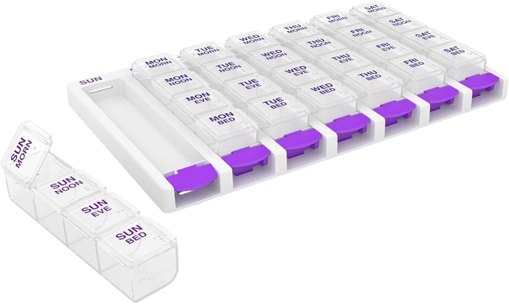 EZY DOSE Weekly (7 Day) 4 φορές την ημέρα Push Button Pill Organizer και Vitamin Planner, Αποσπώμενα Ημερήσια Χάπια, Μωβ, Καθαρές Λίδες, Μικρά