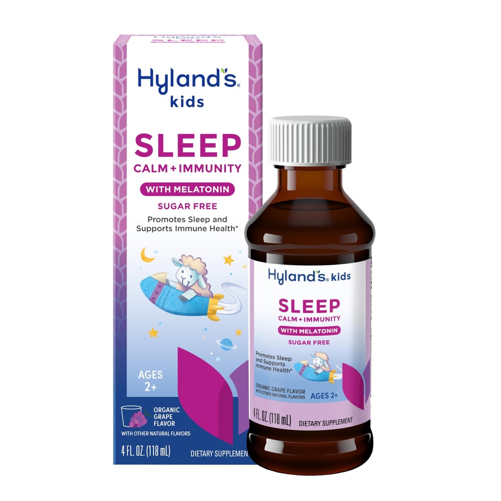 Τα παιδιά του Hyland Sleep Calm & Immunity με μελατονίνη, Sugar-Free Sleep Aid Liquid με μαγνήσιο, βιταμίνη D, ψευδάργυρο & elderberry, Προάγει τον ύπνο & υποστηρίζει την ανοσοποιητική υγεία, Ηλικίες 2+, Grape Flavor, 4 Fl. Oz.