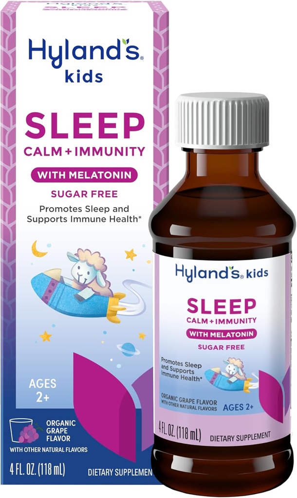 Τα παιδιά του Hyland Sleep Calm & Immunity με μελατονίνη, Sugar-Free Sleep Aid Liquid με μαγνήσιο, βιταμίνη D, ψευδάργυρο & elderberry, Προάγει τον ύπνο & υποστηρίζει την ανοσοποιητική υγεία, Ηλικίες 2+, Grape Flavor, 4 Fl. Oz.