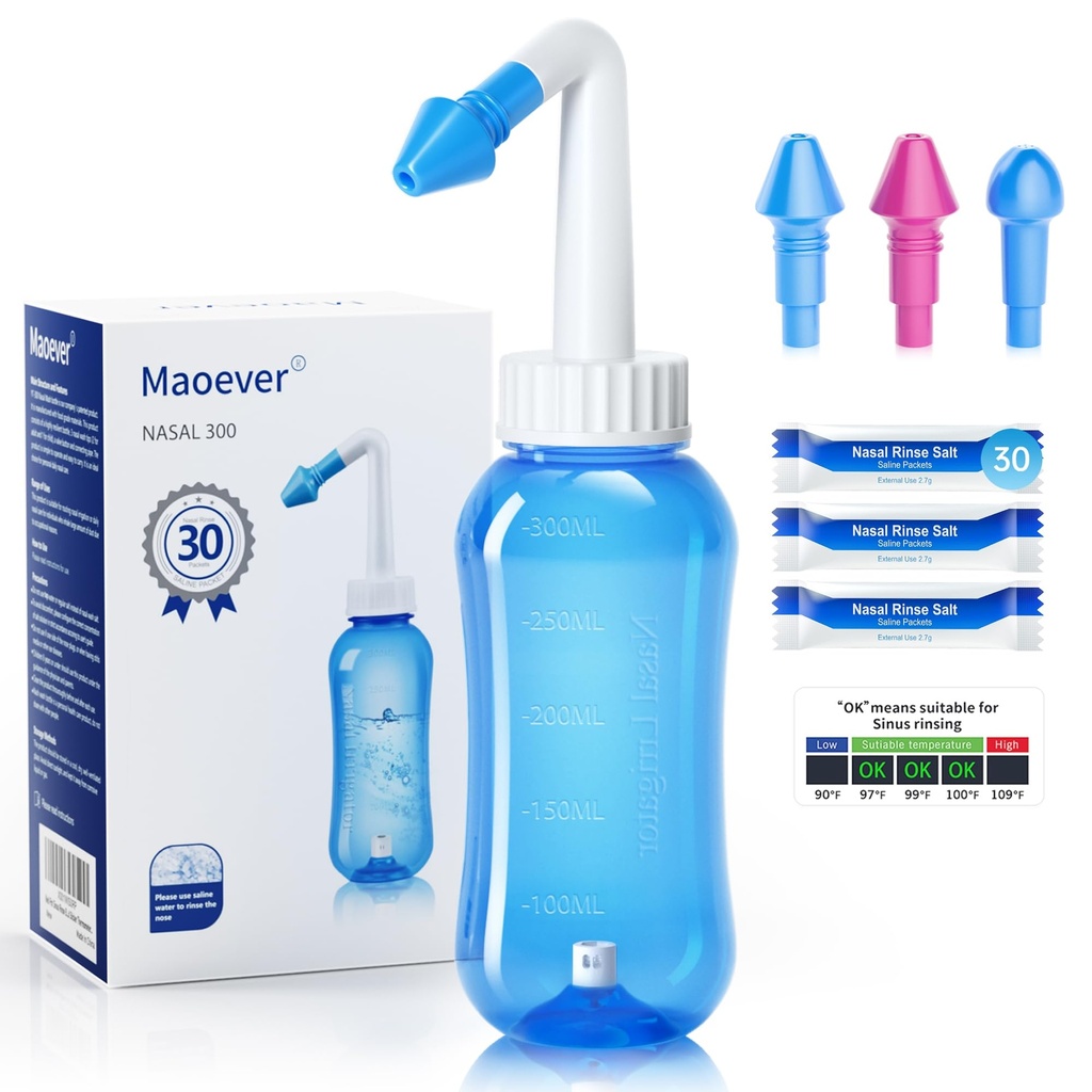 MAOEVER Neti Pot Sinus Ξεπλένουμε το μπουκάλι πλύσης μύτης πιο καθαρή πίεση Ξεπλένουμε τη Nasνική άρδευση για ενήλικες & παιδιά BPA Δωρεάν 300 ML με 30 συσκευασίες αλατιού Nasνική πλύση και αυτοκόλλητο θερμόμετρο (μπλε)