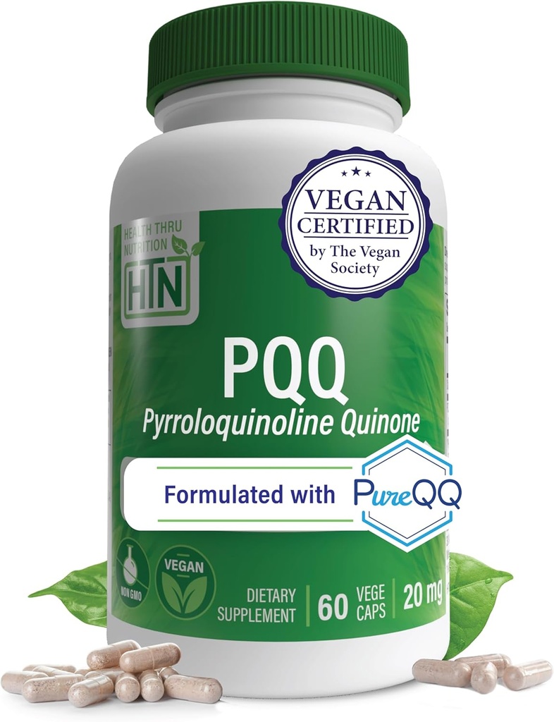 Health Thru Nutrition PQQ 20mg 60 Servings Pyrroloquinoline Quinone as PureQQ | Promotes Mitochondrial Biogenesis | Certified Vegan | Non-GMO Gluten Soy Free Capsules| Clean Label PQQ Supplement