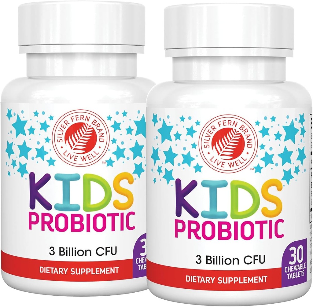 Silver Fern Brand Kids Ultimate Probiotic - 2 Μπουκάλια - 30 Μασώμενα Δισκία Κάθε - Ζάχαρη & Χωρίς Γλουτένη - Παιδικό Συμπλήρωμα Διατροφής - DNA & Επιβίωση Επαληθευμένο - Digestive & Immune Support