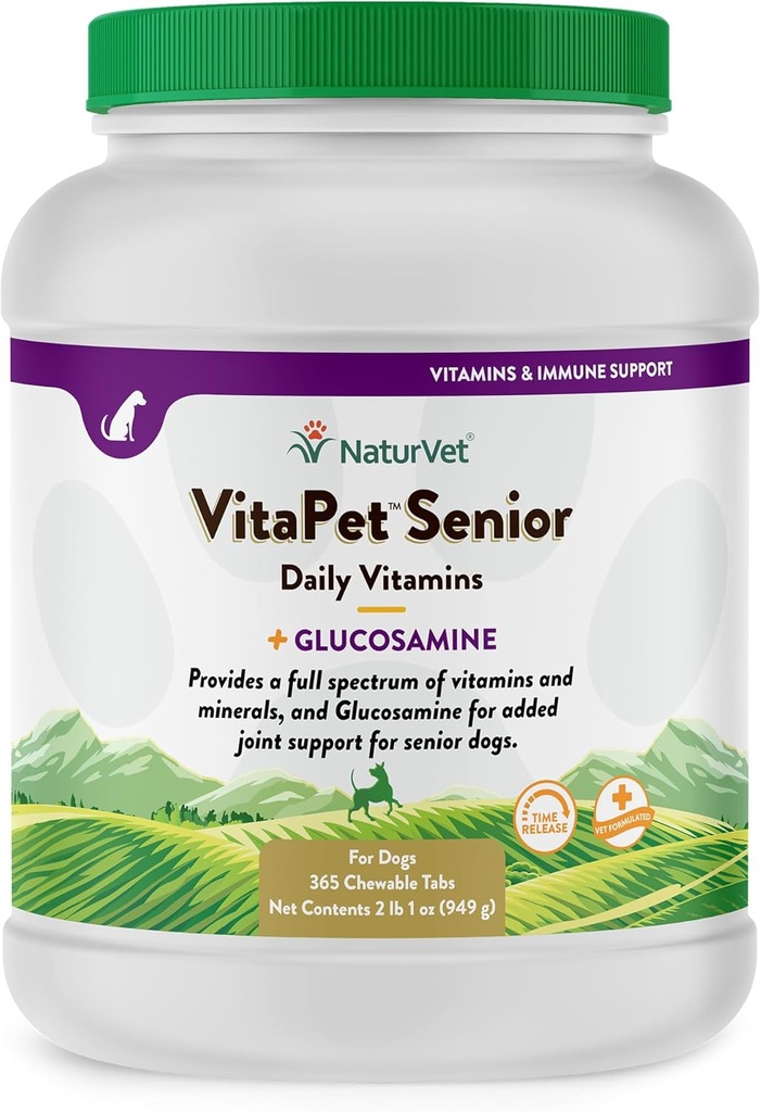 NaturVet –VitaPet Senior Daily Vitamins for Senior Dogs – Plus Γλυκοσαμίνη – Full Spectrum of Vitamins & Minerals – Enhanced with Glucosamine for Added Joint Support – 365 Time Release Tablets