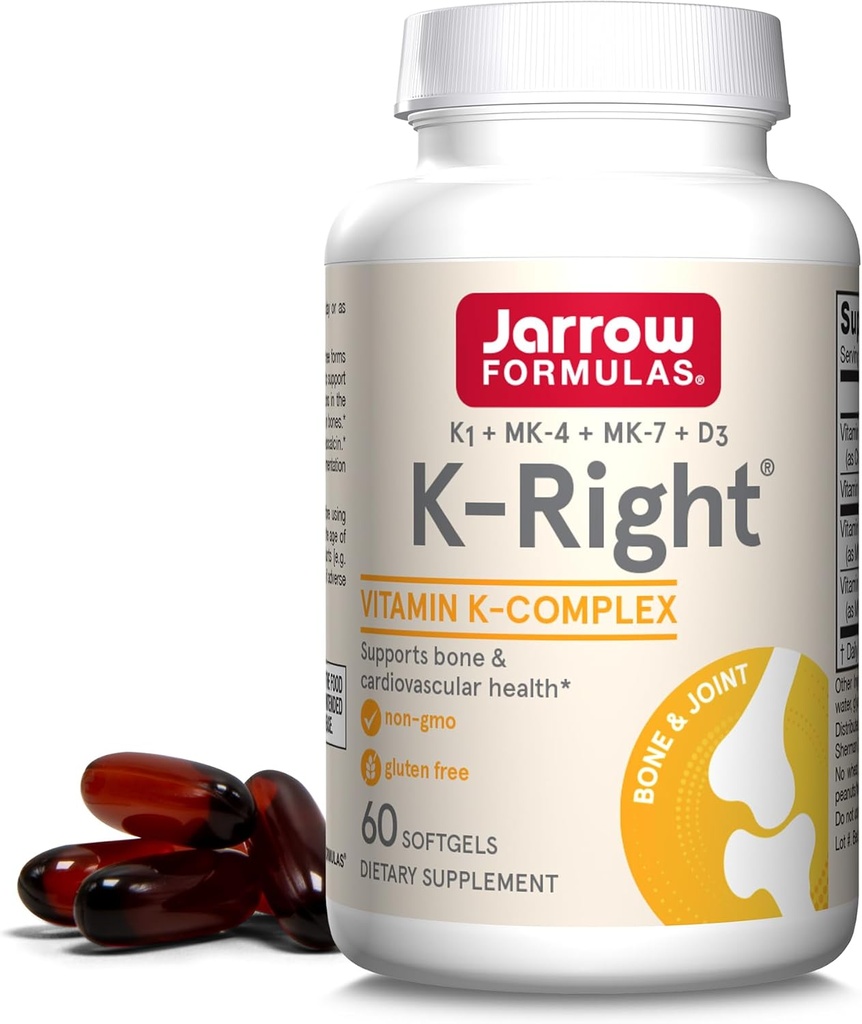 Jarrow Formulas K-Right - Βιταμίνη K-Complex (K1, MK-4, MK-7, D3) - 60 Σερβιέτες (Softgels) - Συμπλήρωμα διατροφής για την υποστήριξη της υγείας των οστών και των καρδιαγγειακών - Βιταμίνη K2 MK-7 - Χωρίς γλουτένη