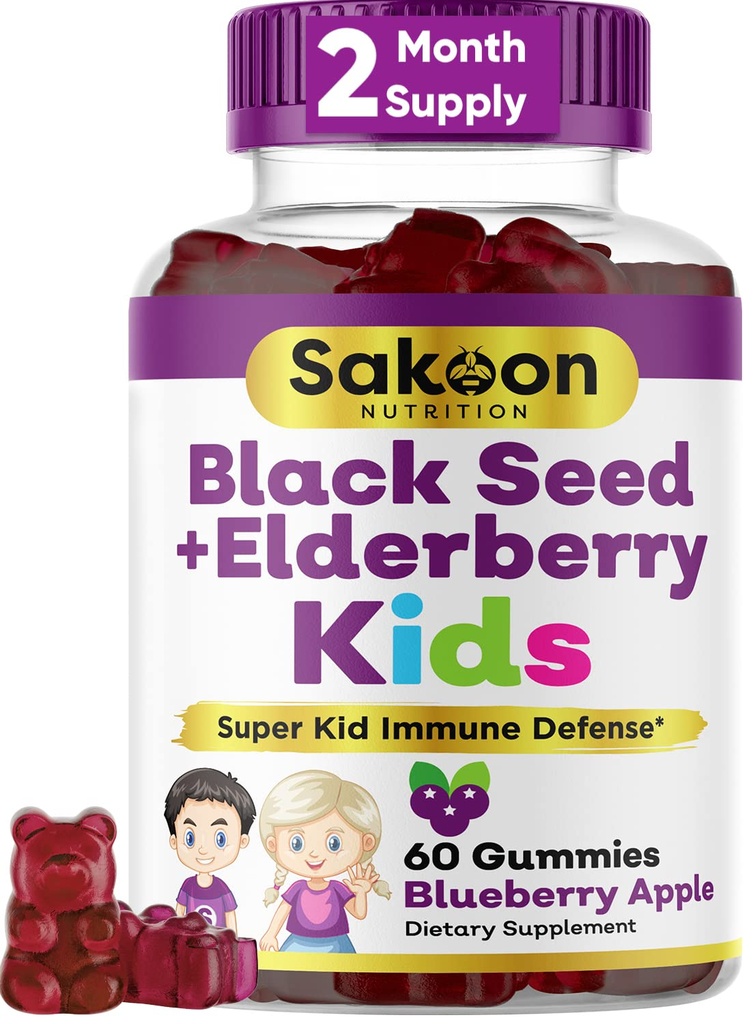 Σακούν διατροφή Elderberry & Black Seed Oil Gummies for Kids, Immune Support, with Vitamin C and Zinc, Delicious Berry Flavor, 60 Gummies