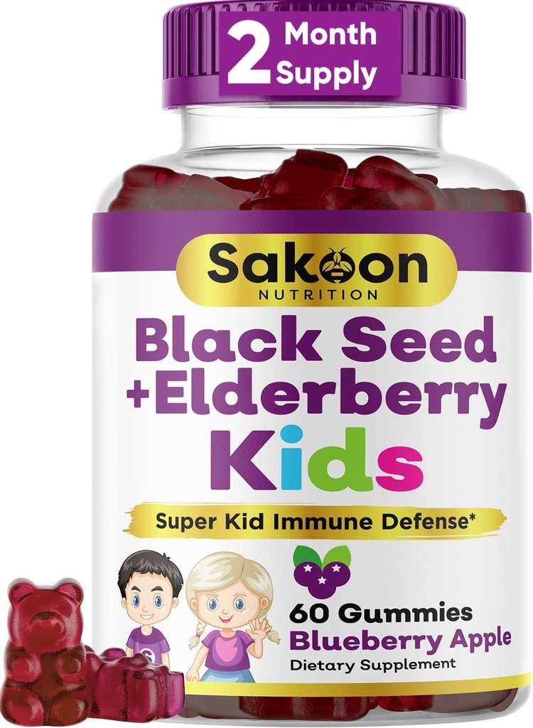 Σακούν διατροφή Elderberry & Black Seed Oil Gummies for Kids, Immune Support, with Vitamin C and Zinc, Delicious Berry Flavor, 60 Gummies