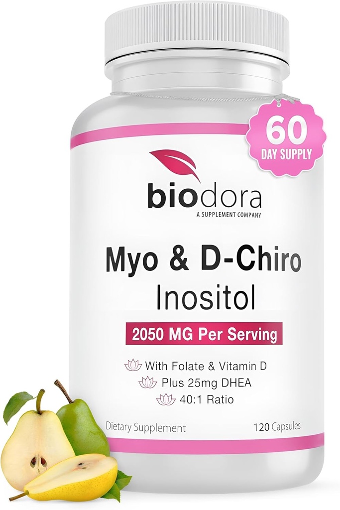 Myo& D-Chiro συμπλήρωμα Ινοσιτόλης, με Folate και βιταμίνη D, 40 έως 1 αναλογία, περιλαμβάνει DHEA, βοηθά στην ισορροπία ορμονών, λειτουργία των ωοθηκών, 2050mg ανά υπηρεσία, 120 κάψουλες