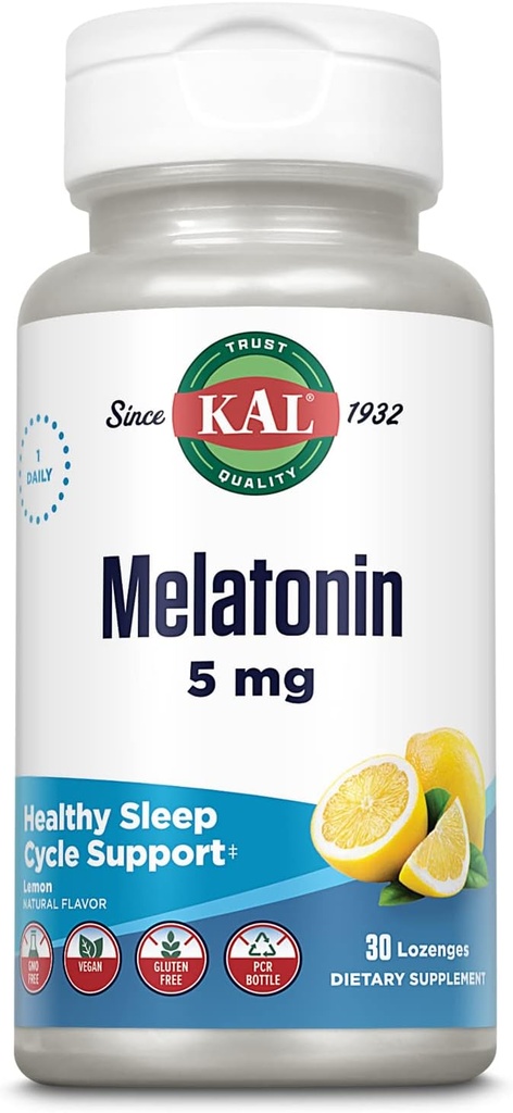 KAL Μελατονίνη 5mg Lozenges Sleep Aid, συμπλήρωμα μελατονίνης υποστηρίζει την ποιότητα του ύπνου, την ηρεμία χαλάρωση και έναν υγιή κύκλο ύπνου, με προστιθέμενη βιταμίνη Β6, χορτοφάγους, φυσικό άρωμα λεμόνι, 30 Lozenges