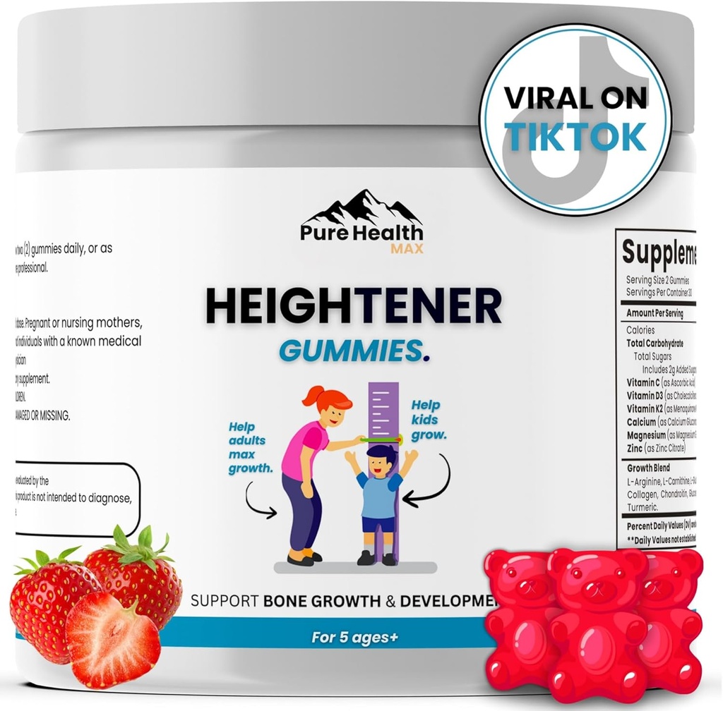 Heightener Gummies - Φυσικό συμπλήρωμα ανάπτυξης ύψους για τα παιδιά, τους εφήβους και τους ενήλικες για να αυξήσει τη δύναμη των οστών και να αυξηθεί ψηλότερα χάπια με μέγιστο ύψος με L-αργινίνη, ασβέστιο & ψευδάργυρος 
