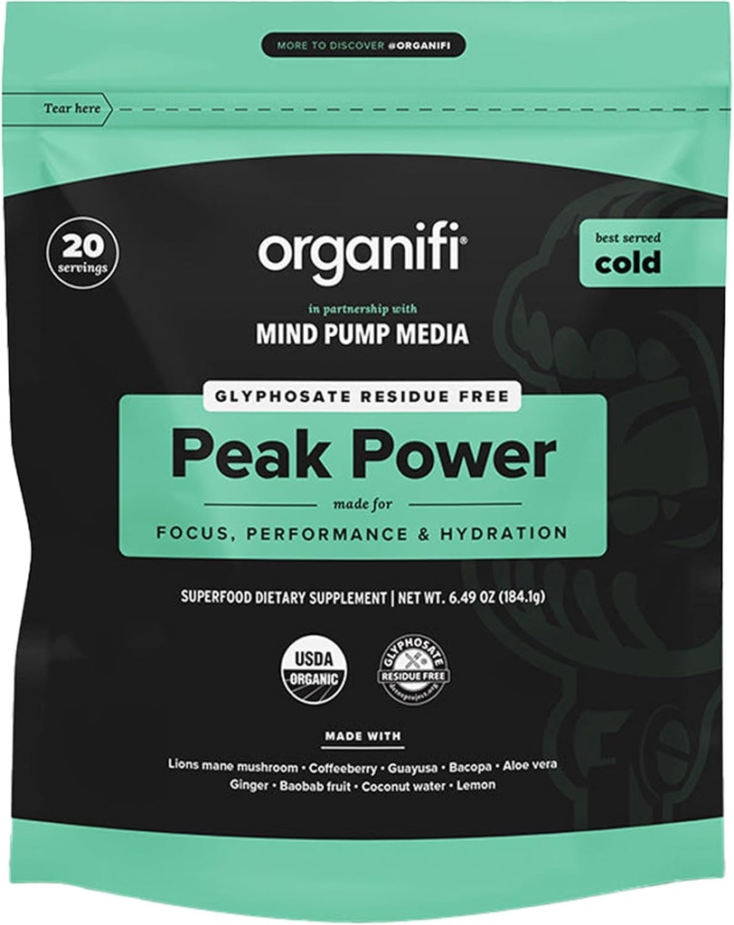 Organifi Peak Power, Pre Trayout Powder to Support Hydration, with Lion's Mane and Guayusa