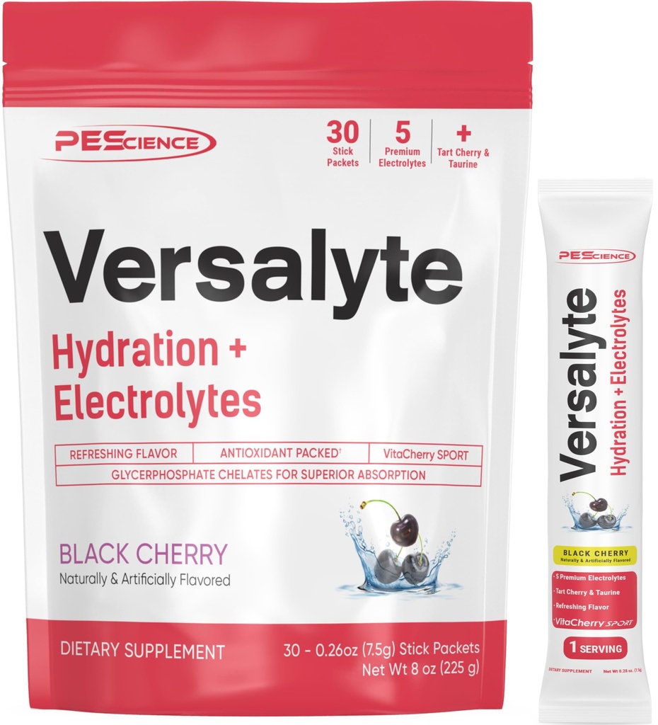 PEScience Versalyte Electrolyte Hydration Packets, Sugar Free Electrolyte Powder with Magnesium, Taurine, Antioxidants, Trace Minerals, Low Sodium - Black Cherry, 30 Servings