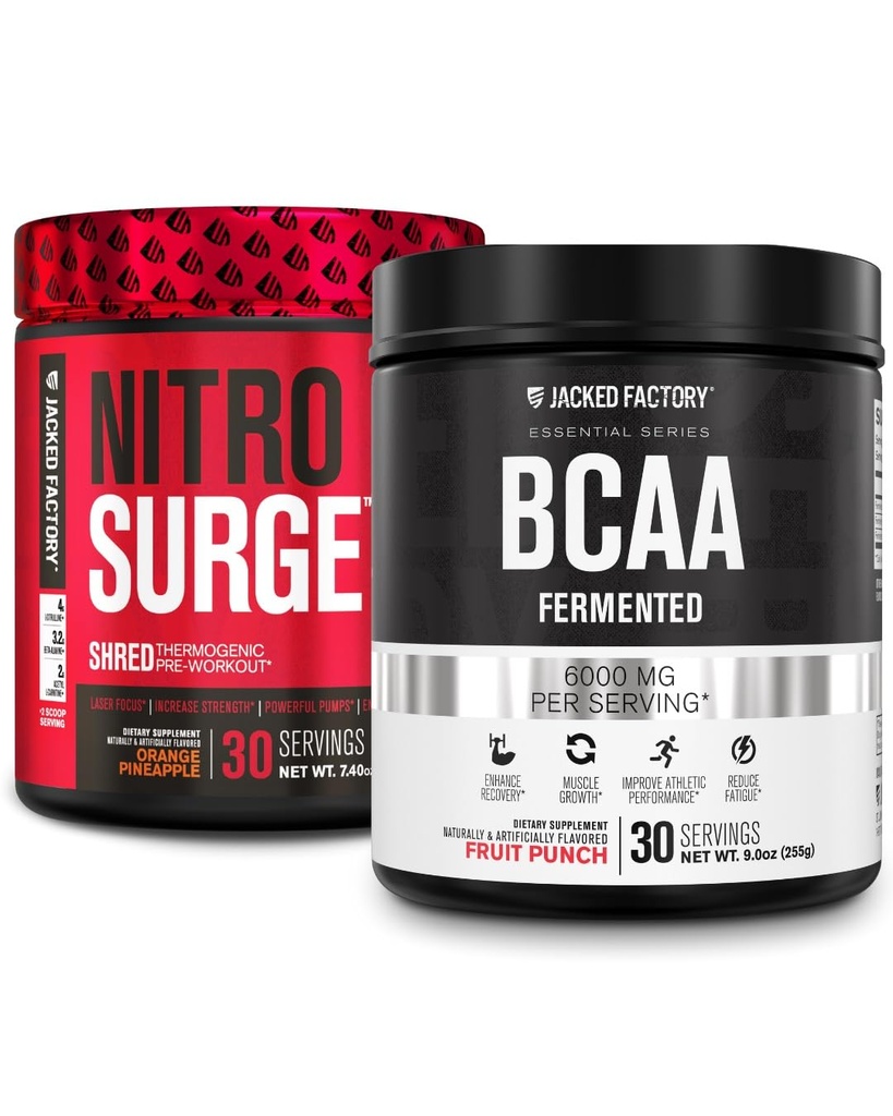 Jacked Factory Nitrosurge Shred Θερμογόνος προ-εξάσκηση σε πορτοκαλί ανανά & BCAA σε Punch Φρούτων για την ανασύνθεση του σώματος, οικοδόμηση μυών και ανάκτηση