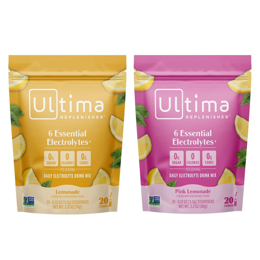Ultima Replenisher Ηλεκτρολύτης Σκόνη Mix Bundle – Χωρίς ζάχαρη – Λεμονάδα και Pink Λεμονάδα, 20 Stickpacks – 6 Ηλεκτρολύτες και Ορυκτά – Κετοφιλικά, Vegan, Μη ΓΤΟ