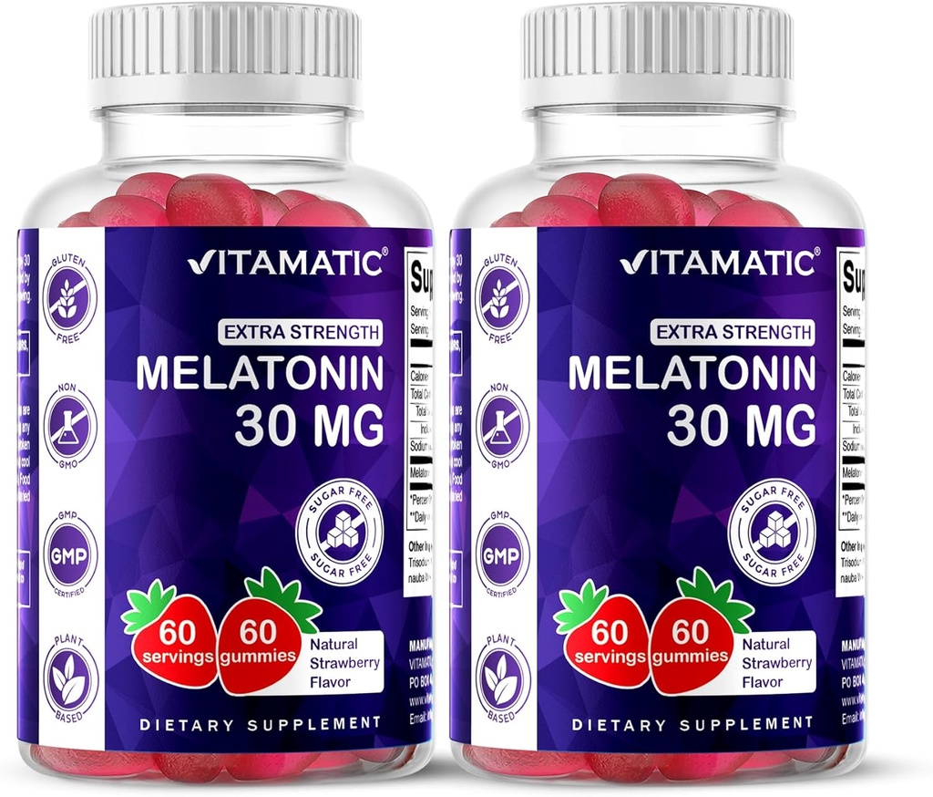 Vitamatic Sugar Free Melatonin 30mg per Gummy - 60 Servings - 60 Χορτοφαγικά Gummies - Μη-Habit Forming Συμπλήρωμα (60 Count (Pack of 2))