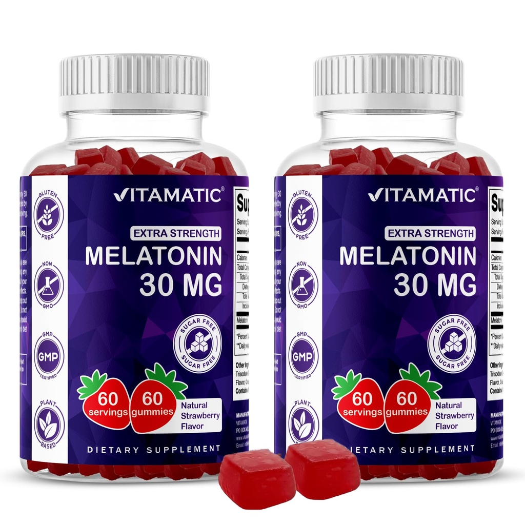 Vitamatic Sugar Free Melatonin 30mg per Gummy - 60 Servings - 60 Χορτοφαγικά Gummies - Μη-Habit Forming Συμπλήρωμα (60 Count (Pack of 2))