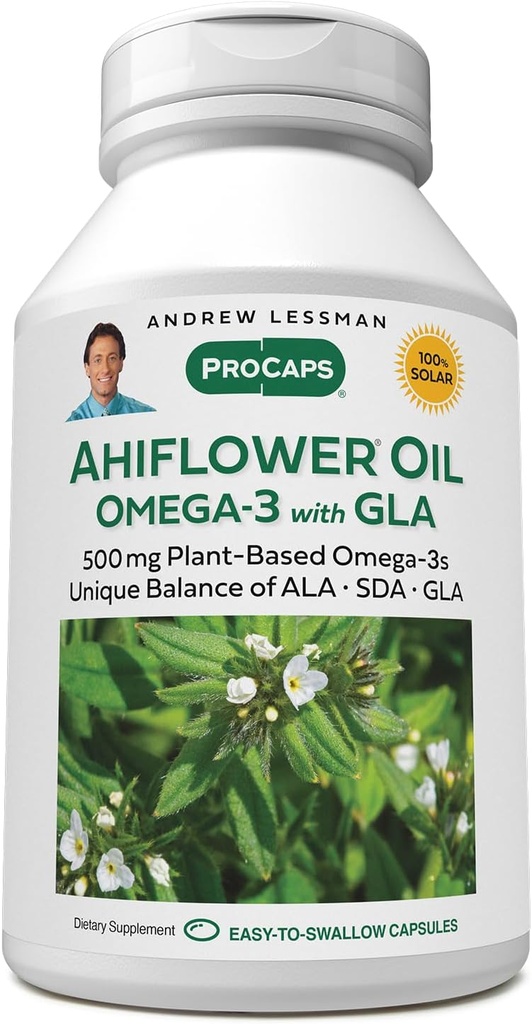 ANDREW LESSMAN Ahiflower Omega-3 με GLA - 120 Softgels - Μοναδικά Ισορροπημένη Φυτική Πηγή Απαραίτητων Ωμέγα-3 Λιπαρά οξέα. Δεν έχει στομαχικές διαταραχές, μολύνσεις ή υδράργυρο. Εύκολο να καταπιείς