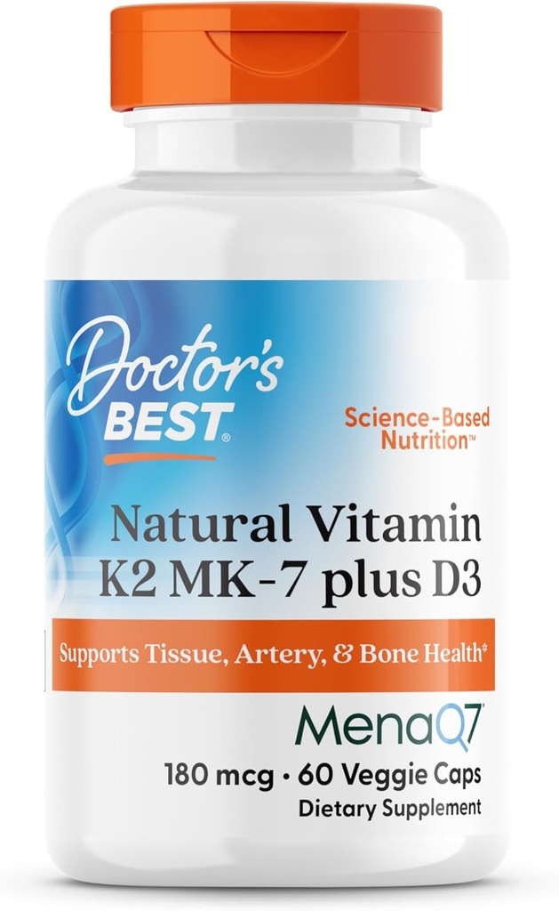 Doctor's Best Natural Vitamin K2 MK-7 Plus D3, Supports Tissue, Artery, & Bone Health, Non-GMO, Gluten Free, Soy Free, Vegetarian 60 Veggie Caps