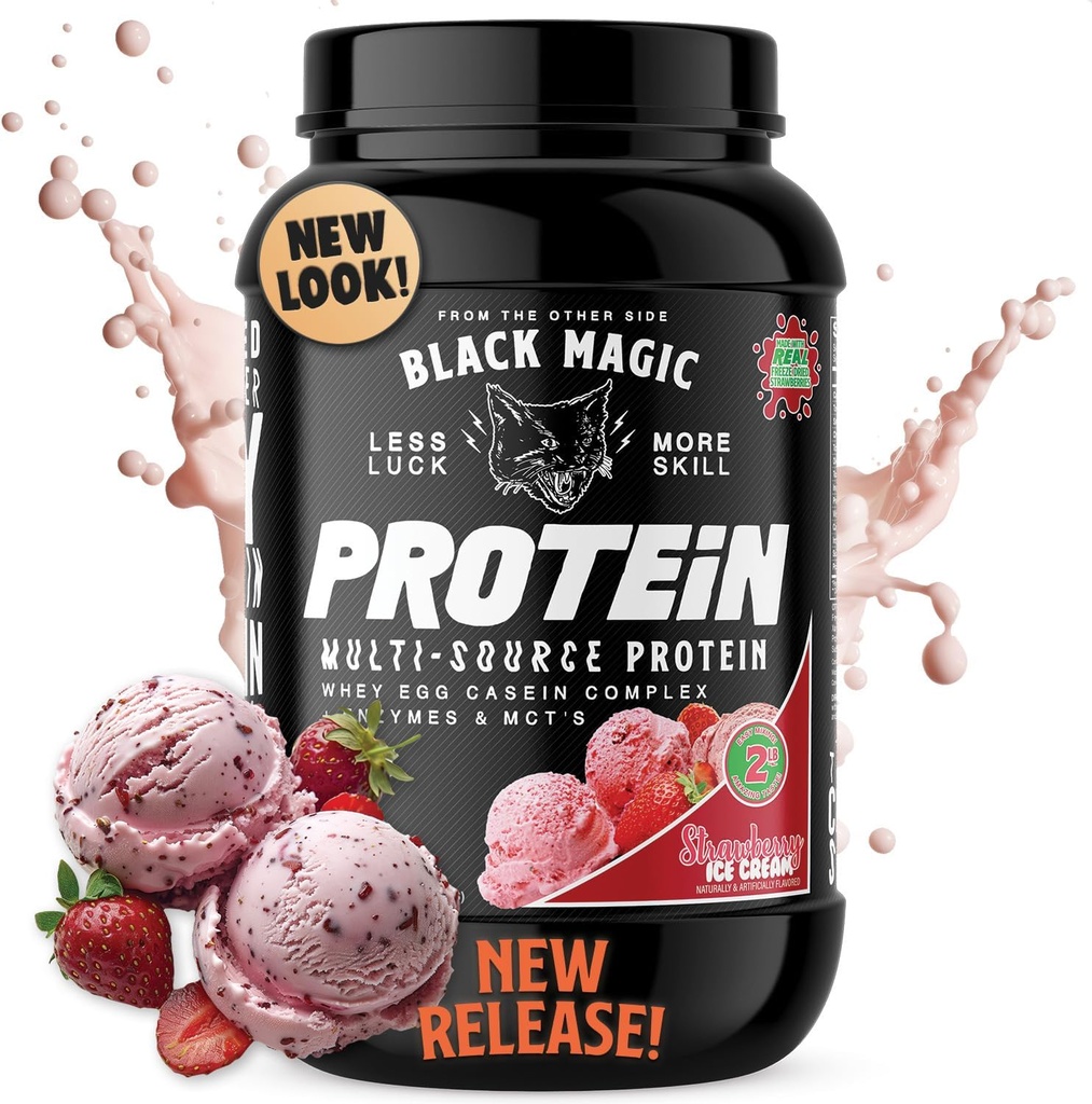 Black Magic Protein Powder - New Look - Whey, Egg, and Casein Complex with Enzymes & MCT Powder - Pre Workout and Post Workout - Πρωτεΐνη Παγωτού Φράουλας - 24g Πρωτεΐνη - 2 LB...