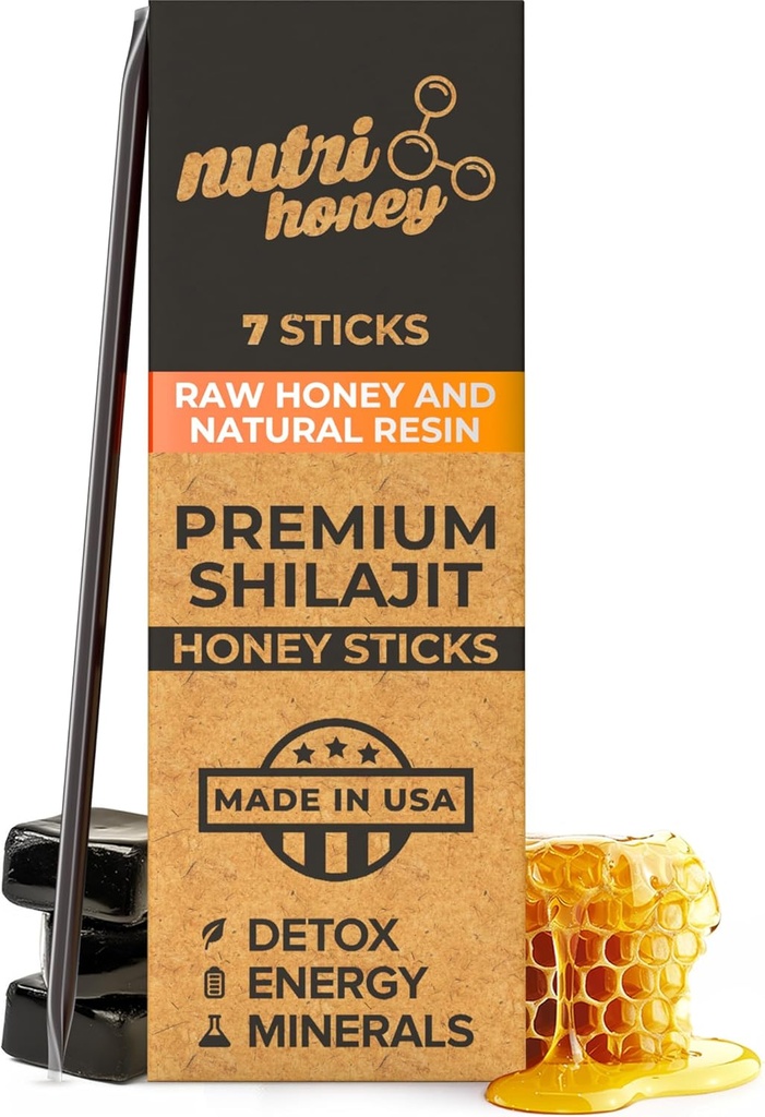 NATURAL SHILAJIT Honey Sticks - Shilajit Resin with Raw Honey, Fulvic Acid & Trace Minerals, Φυτικά θρεπτικά συστατικά για την ενέργεια, την ανοσοποιητική υποστήριξη & τη ζωτικότητα - 7 Shilajit Sticks