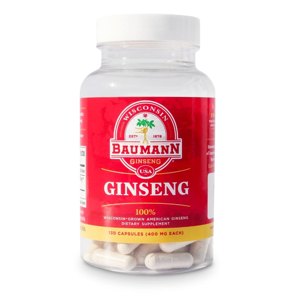 Baumann Wisconsin Ginseng κάψουλες 130 χάπια 400 mg – Pure American Ginseng Root Extract Powder σε κάθε χάπι - 100% φυσικό συμπλήρωμα Panax Ginseng για την ανοσοποιητική υποστήριξη, εστίαση και ενέργεια