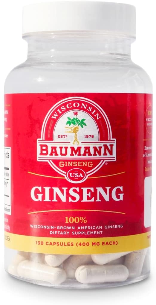 Baumann Wisconsin Ginseng κάψουλες 130 χάπια 400 mg – Pure American Ginseng Root Extract Powder σε κάθε χάπι - 100% φυσικό συμπλήρωμα Panax Ginseng για την ανοσοποιητική υποστήριξη, εστίαση και ενέργεια